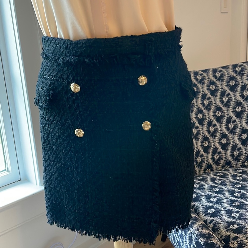 NEW black boucle wrap front skort with “double-breasted” gold tone button detail